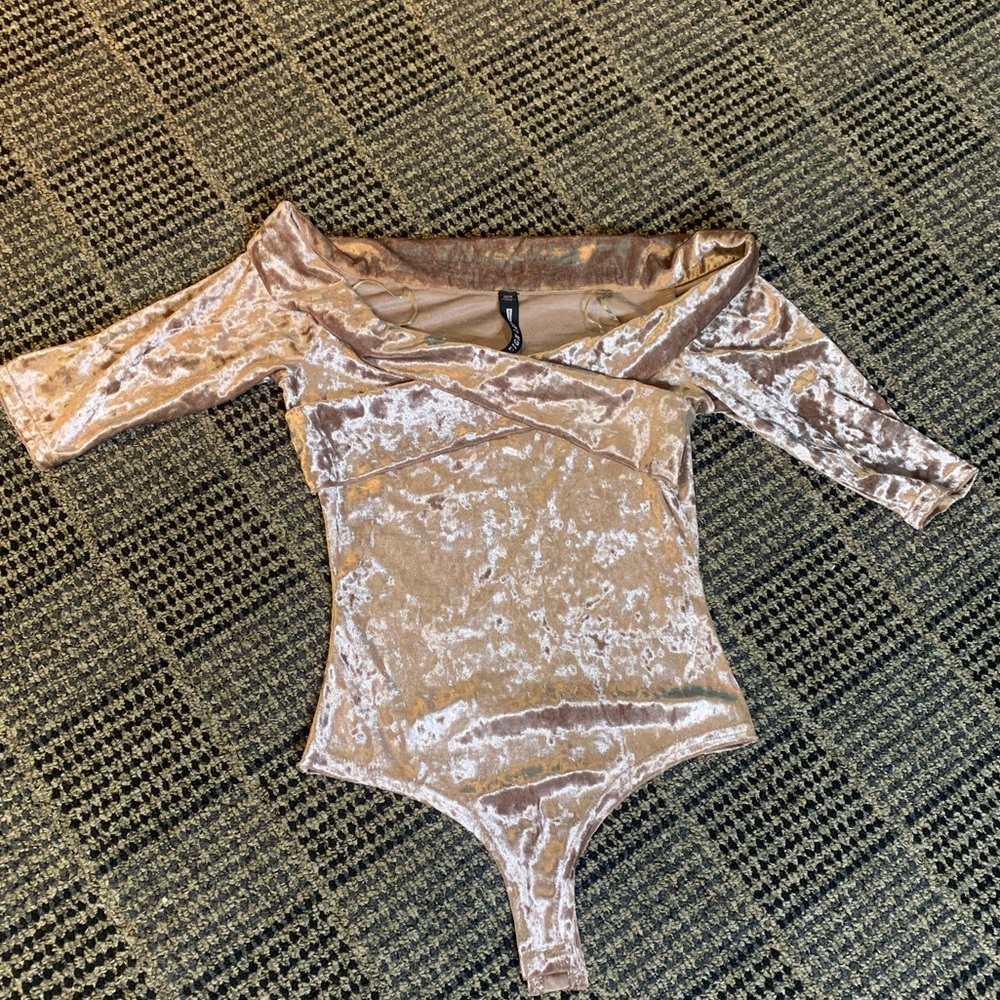 Black and nude suede body suit - off the shoulder